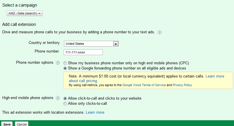 Add Phone numbers - Google Adwords Call Extensions