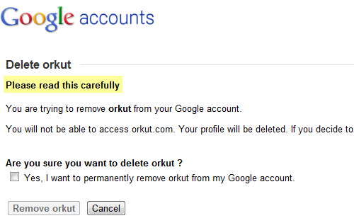 Delete Orkut Account - Confirmation
