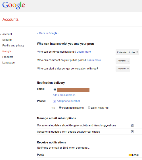 Google Plus Account Settings