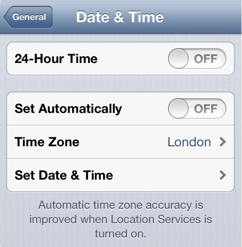 iPhone Settings Date and Time Option