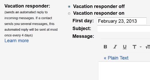 Set Gmail Vacation Message