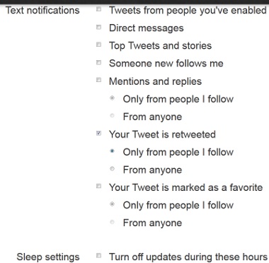 Twitter Text Messaging Settings